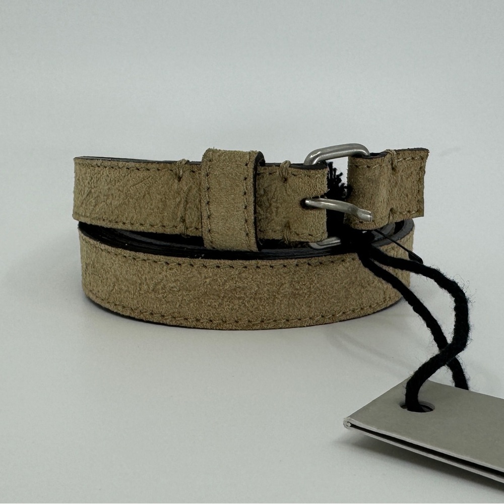 DAMIR DOMA SILENT Skinny Beige Distressed Leather Belt Clincher Silver Buckle